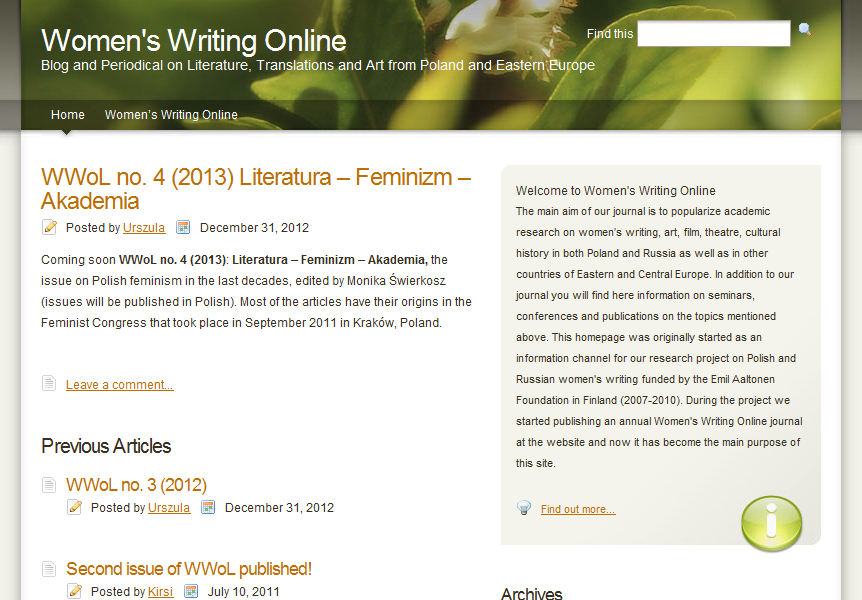 Women’s Writing Online : Arts and Literature in Russia and Eastern Europe